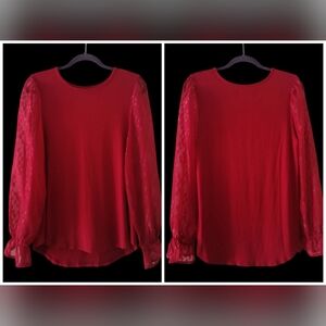 Cupio Deep Red Relaxed Sheer Long Sleeves Curved Hemline Stretch Blouse